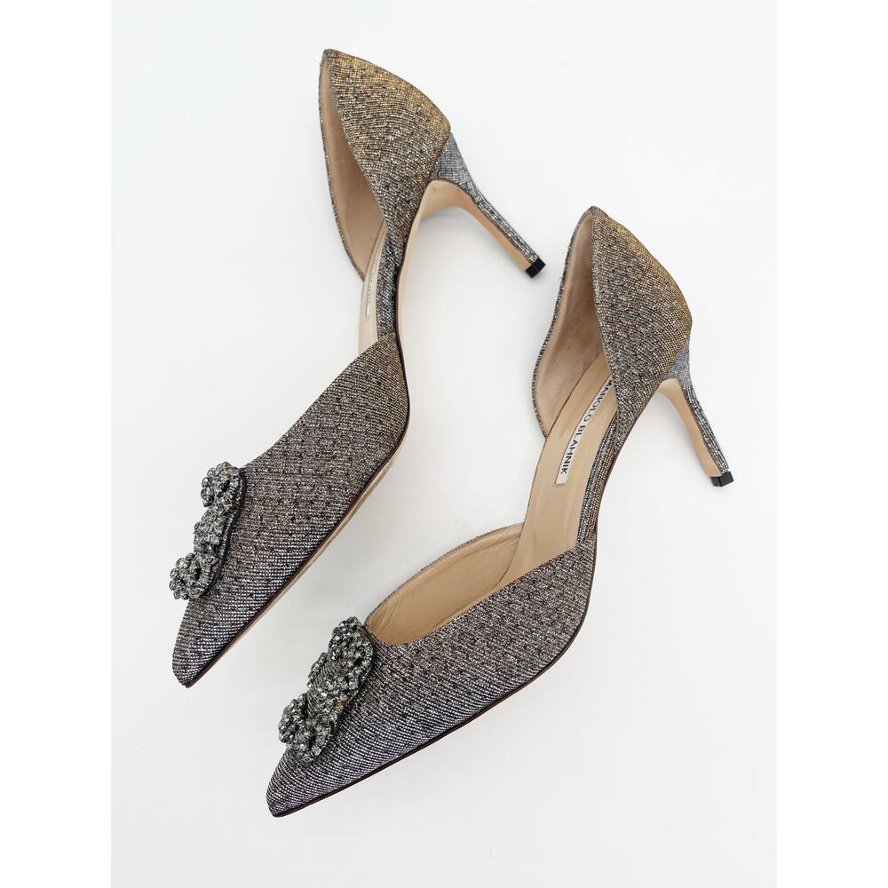 Manolo Blahnik Hangisi D'Orsay Metallic Fabric Crystal Brooch Pumps Heels IT 40 - Picture 5 of 12